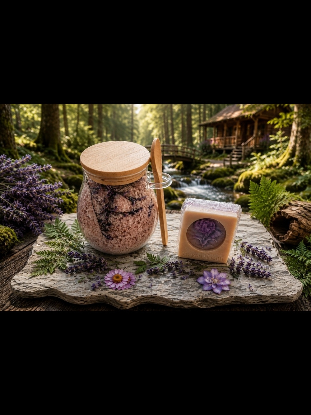 Lavender Bath Salt Jar & Purple Accent Soap Set — Natural Spa Bath Soak